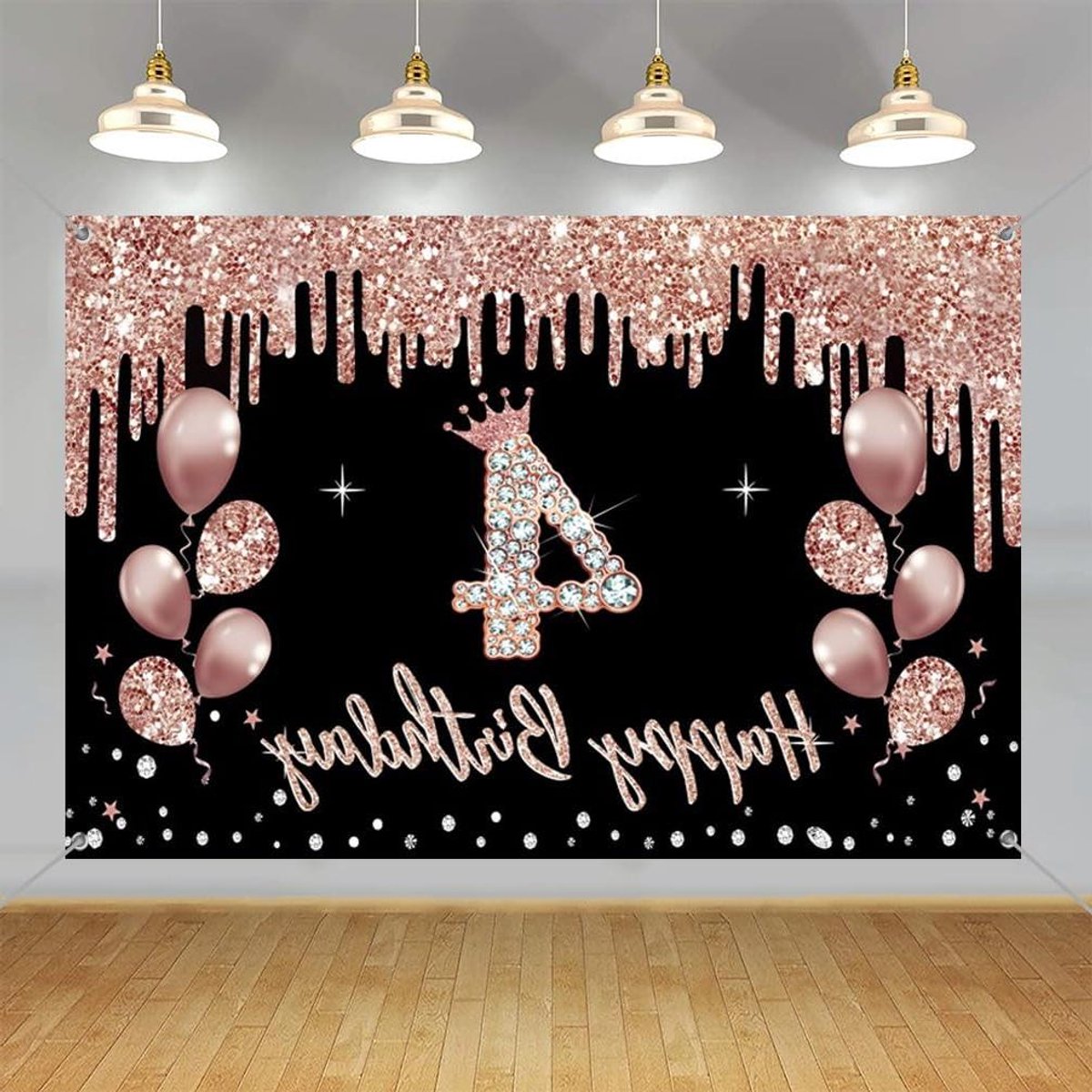 ByShane - Meisjes 4e Verjaardag Decoraties in Zwart en Roségoud | Stoffen Tekenen | Opknoping Poster | Achtergrond Banner | Feest Welkomstbord